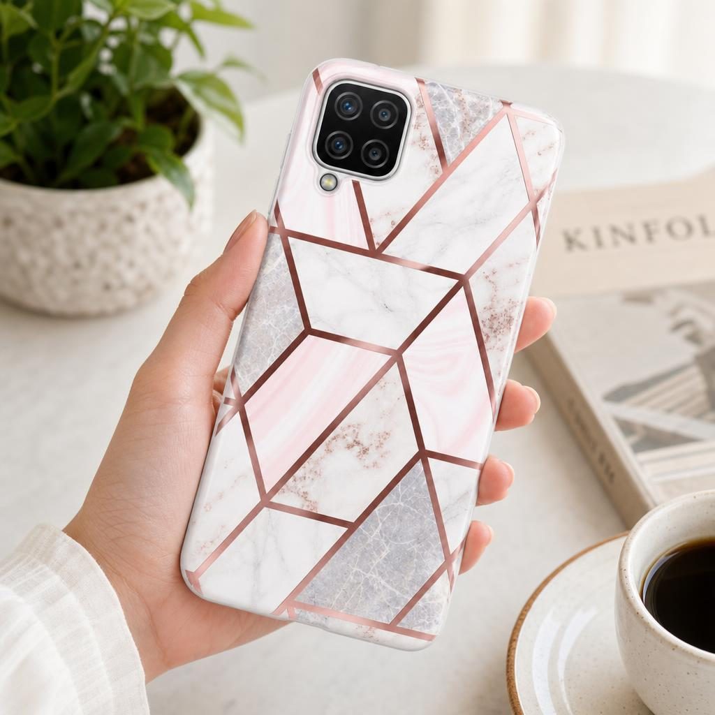 Husa protectie Flippy compatibila cu Samsung Galaxy A12 Soft IMD TPU Marble Geometric Alb - Image 2