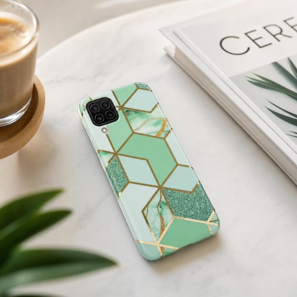 Husa protectie Flippy compatibila cu Samsung Galaxy A12 Soft IMD TPU Marble Geometric Verde - Image 4
