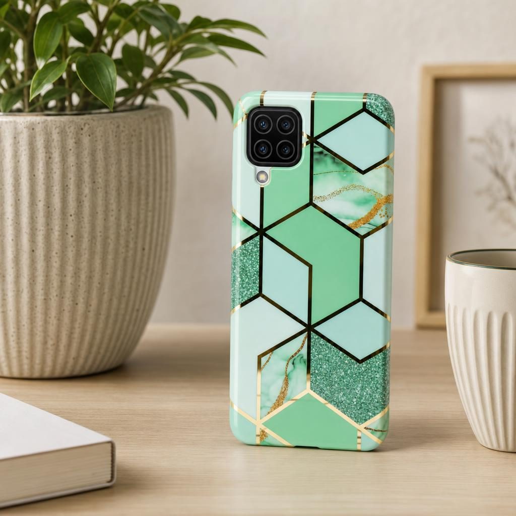 Husa protectie Flippy compatibila cu Samsung Galaxy A12 Soft IMD TPU Marble Geometric Verde - Image 5