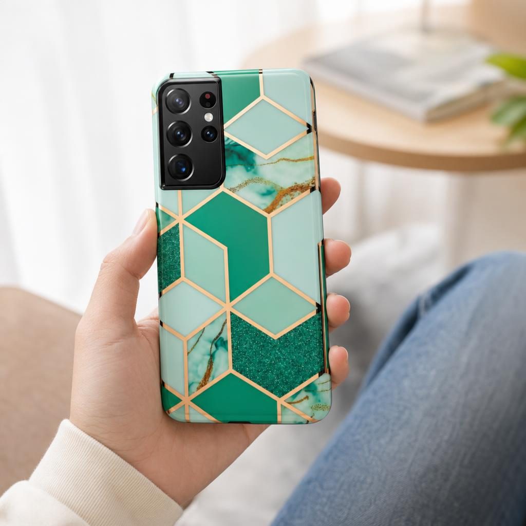 Husa protectie Flippy compatibila cu Samsung Galaxy S21 Ultra Soft IMD TPU Marble Geometric Verde - Image 3