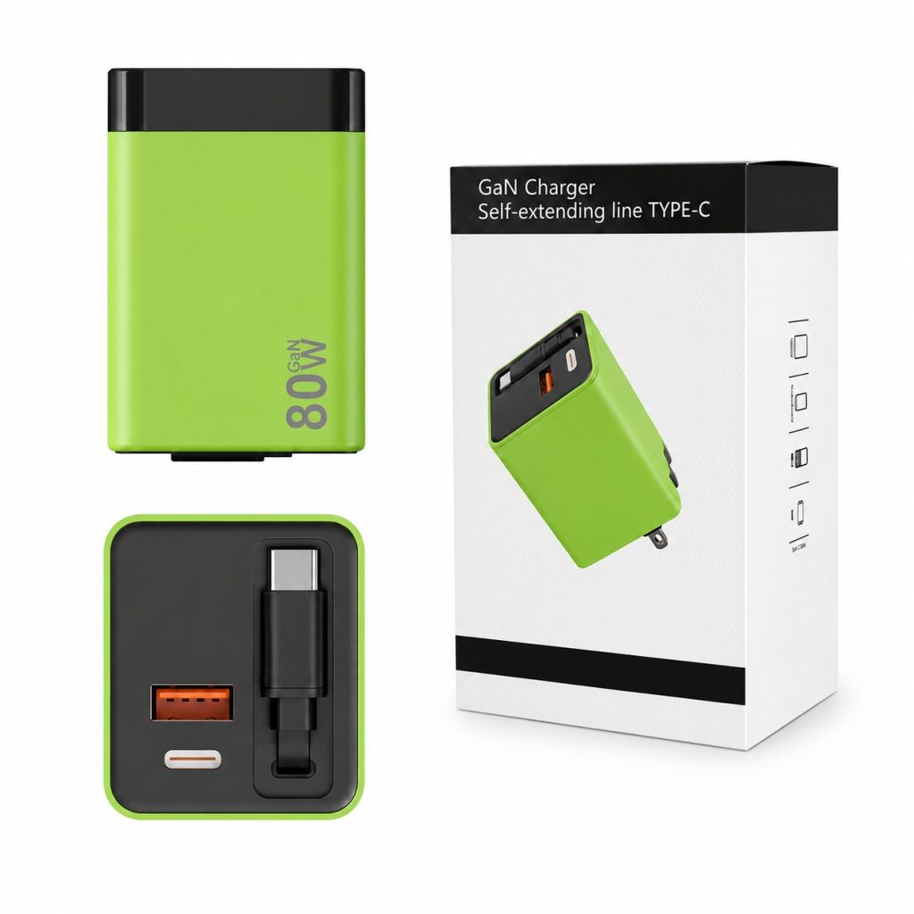 Incarcator Telefon, Flippy, 80W, GaN Technology, Dual Port USB-A si USB-C, Fast Charge, Cablu Type-C Retractabil, 60x40 mm, Verde