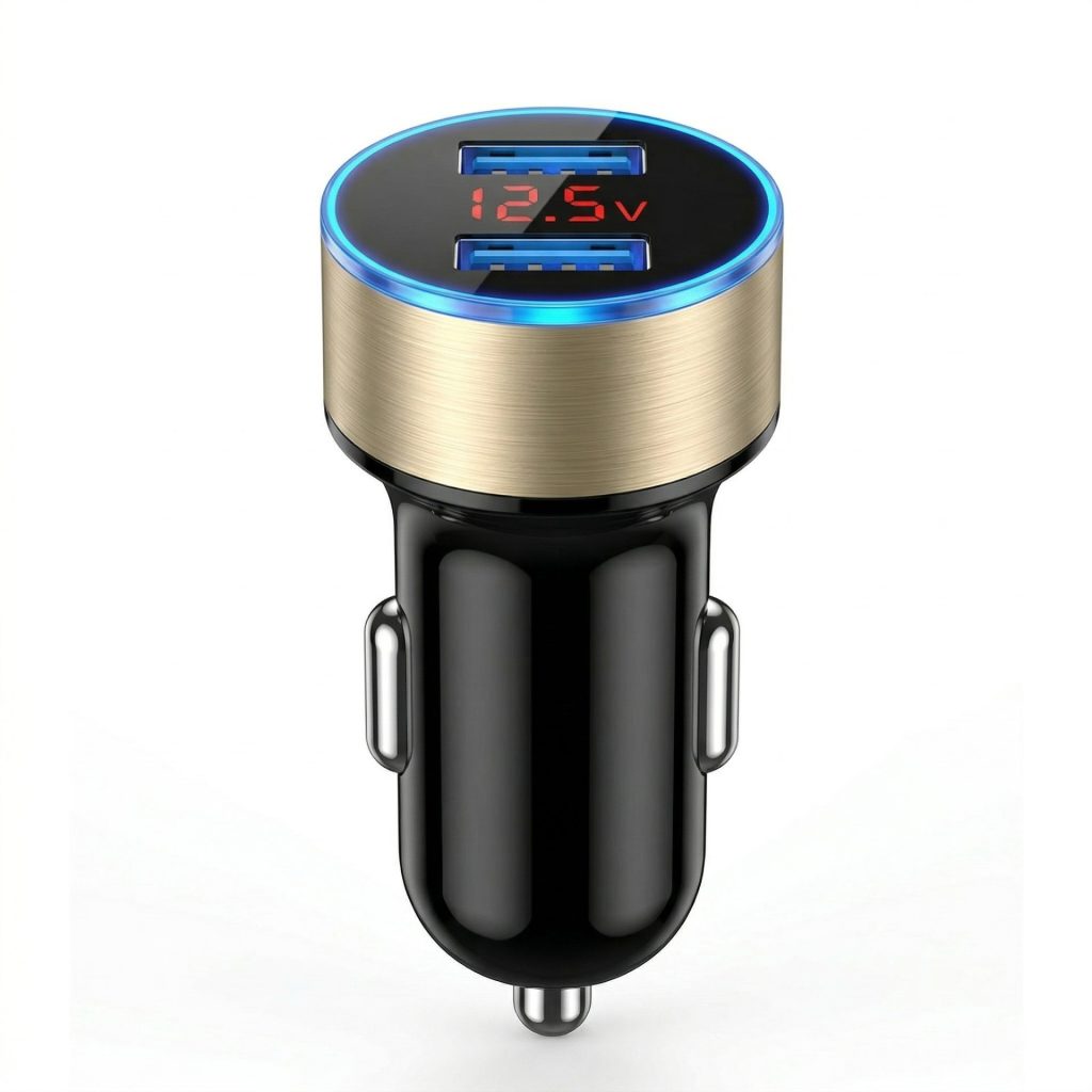 Incarcator Auto cu Afisaj Digital, Flippy, din Metal, 3.1A, Incarcare Rapida 6A PD+QC3.0, Dublu USB, Negru/Auriu