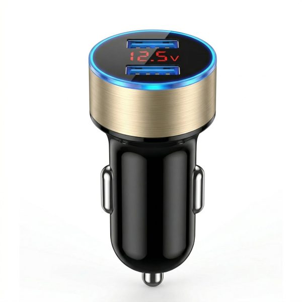 Incarcator Auto cu Afisaj Digital, Flippy, din Metal, 3.1A, Incarcare Rapida 6A PD+QC3.0, Dublu USB, Negru/Auriu