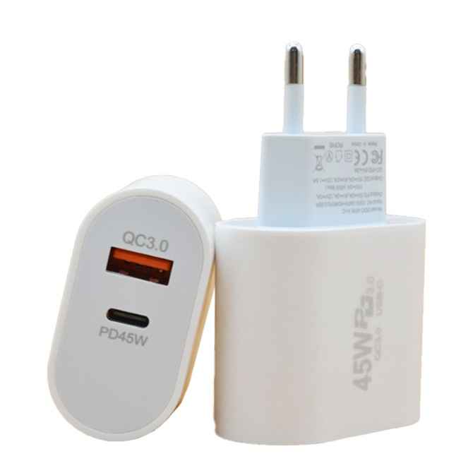 Incarcator Fast Charge pentru Telefon, Flippy, Power Delivery 45W, Dual Port USB-A Q.C 3.0 si Type-C PD45W, Compatibil cu orice Telefon, Alb