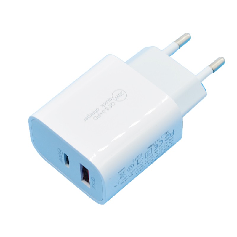 Incarcator Fast Charging QC 3.0, Flippy, Dual Port USB-A si USB-C cu Cap de Incarcare Standard European, 20 W, fara Cablu, Alb