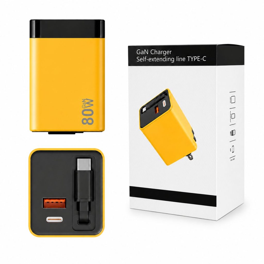 Incarcator Telefon, Flippy, 80W, GaN Technology, Dual Port USB-A si USB-C, Fast Charge, Cablu Type-C Retractabil, 60x40 mm, Galben