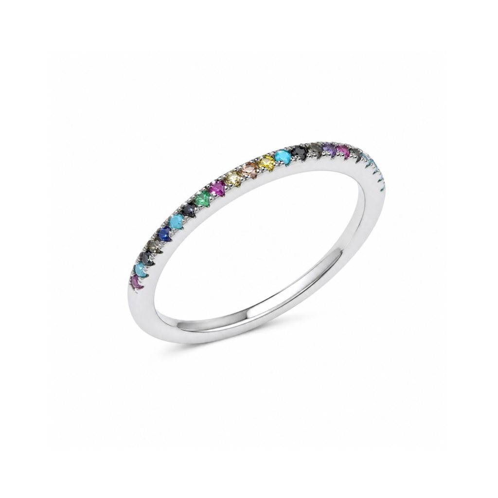 Inel din Argint 925, Jolie Silver, cu Mini Zirconii Multicolore, Design Tip Verighetă, Finisaj Lucios, 1.2 g, Mărimea 54, Argintiu și Multicolor