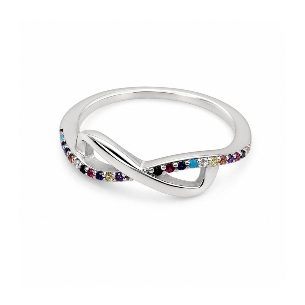 Inel din Argint 925, Model Infinit Mare, Design Conturat cu Linie Suprapusa si Zirconii Colorate, Marime 59, Argintiu