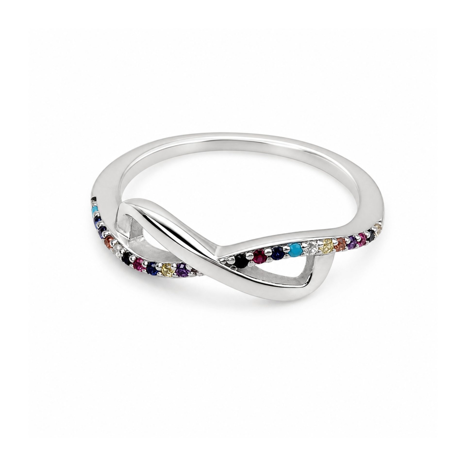 Inel din Argint 925, Model Infinit Mare, Design Conturat cu Linie Suprapusa si Zirconii Colorate, Marime 59, Argintiu