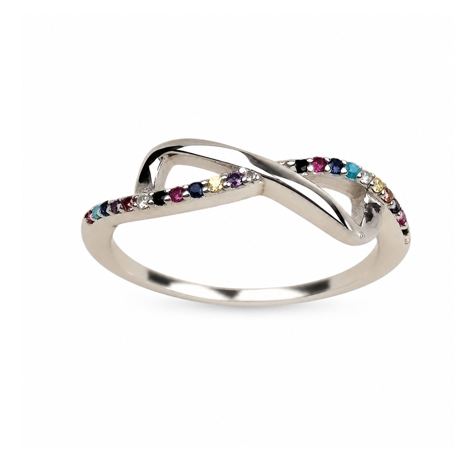 Inel din Argint 925, Model Infinit Mare, Design Conturat cu Linie Suprapusa si Zirconii Colorate, Marime 59, Argintiu - Image 2