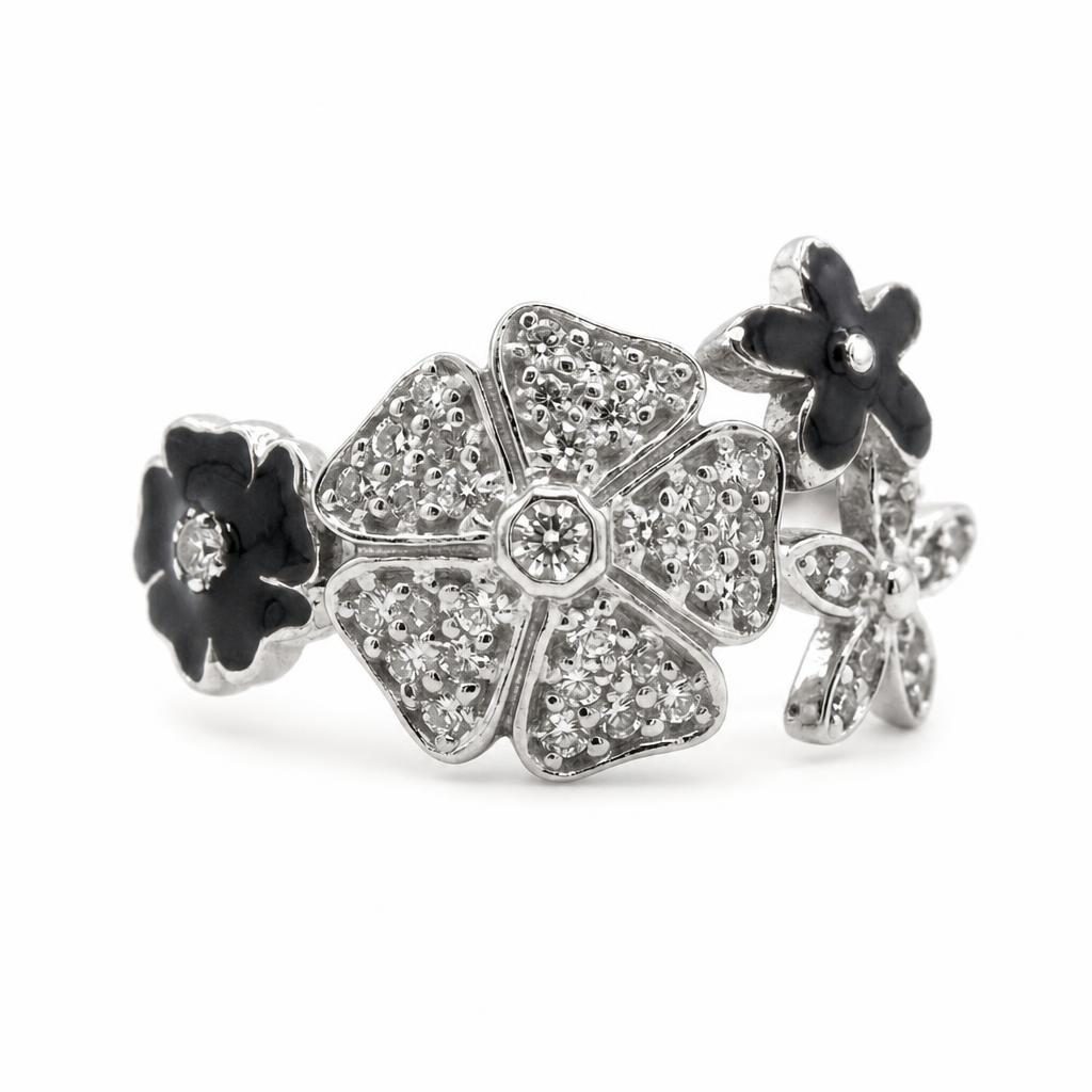 Inel pentru Dama Argint 925, Jolie, Model Trifoi cu Email Negru, 2.9 g, Marimea 57, Argintiu/Negru