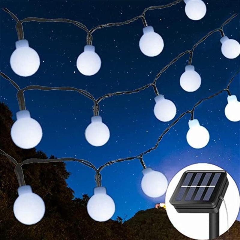 Instalatie Craciun, 12 metri, 100 de LED-uri cu ornament tip Bulb, 8 jocuri de lumini alb rece, cu energie solara, liniar, interior/exterior, Flippy