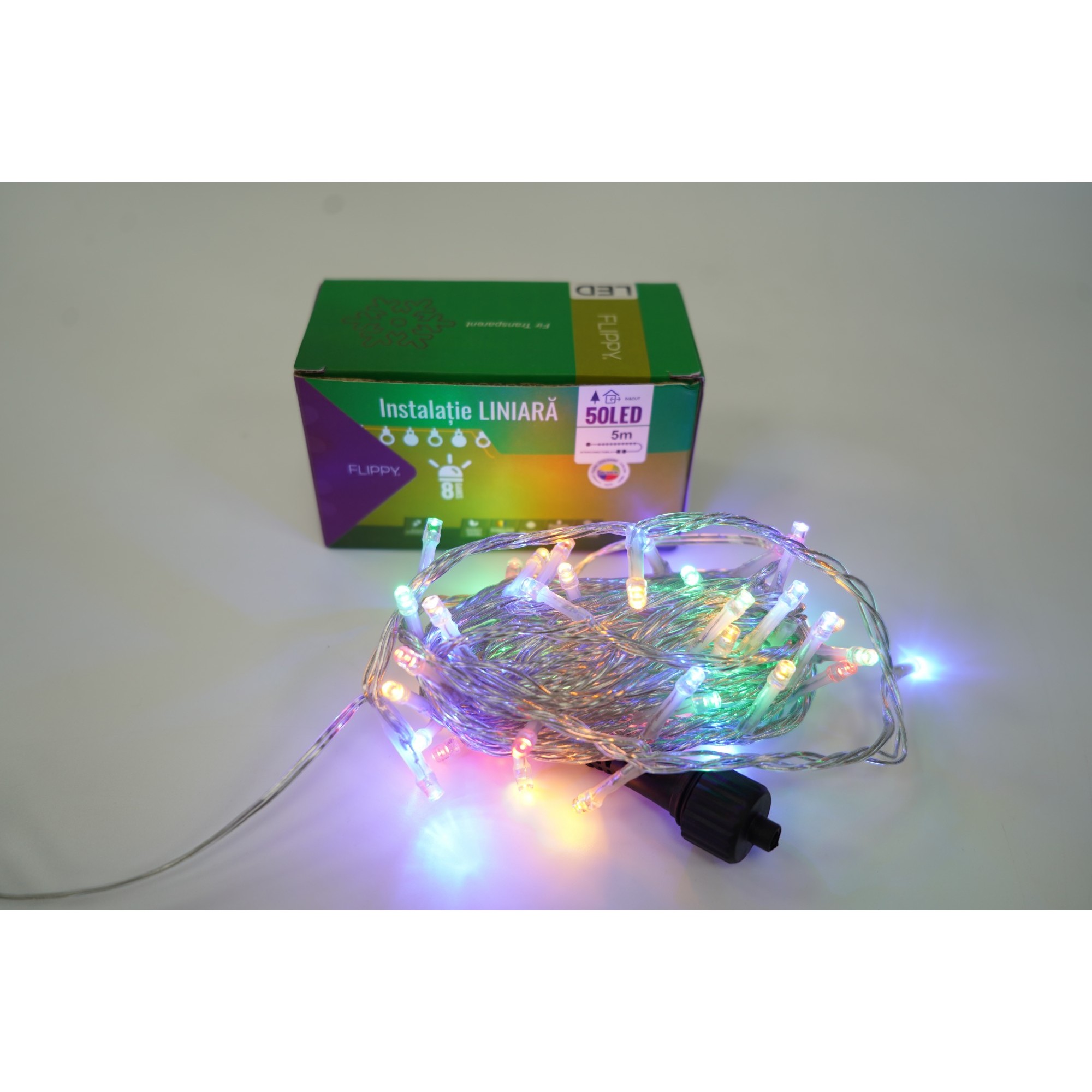 Instalatie Craciun, 20 m, 200 Led-uri ,Liniara, Multicolor, 8 jocuri de lumini, Transformator, Interconectabila, Prelungitor 3 m inclus, Fir Transparent, Flippy - Image 3