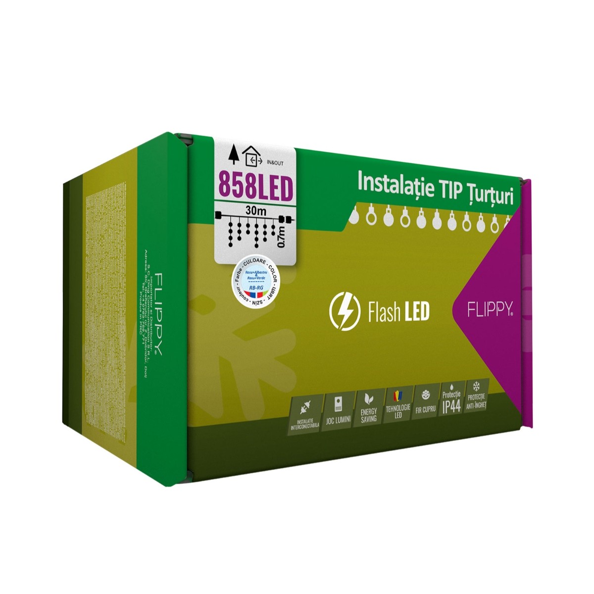 Instalatie Craciun, 30 m, 858 Led-uri ,Franjuri, Rosu / Verde/ Albastru, Flash, Transformator cu telecomanda, Interconectabila, Prelungitor 3 m inclus, Fir Negru, Flippy