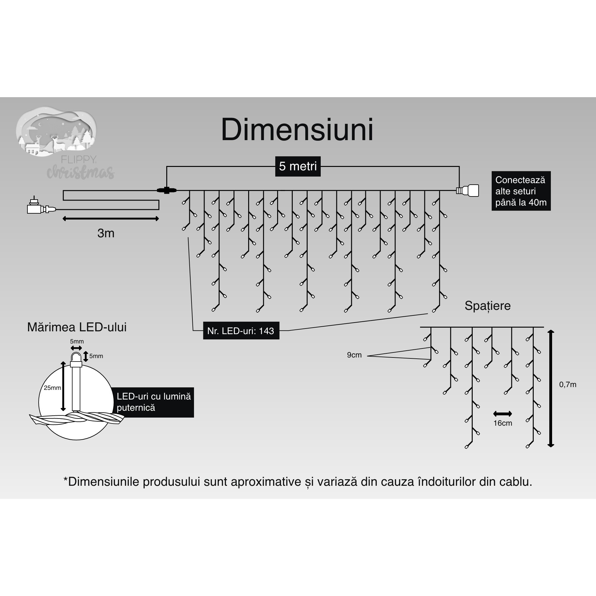 Instalatie Craciun, 5 m, 143 Led-uri ,Franjuri, Alb cald, Flash, Transformator cu telecomanda, Interconectabila, Prelungitor 3 m inclus, Fir Transparent, Flippy - Image 3
