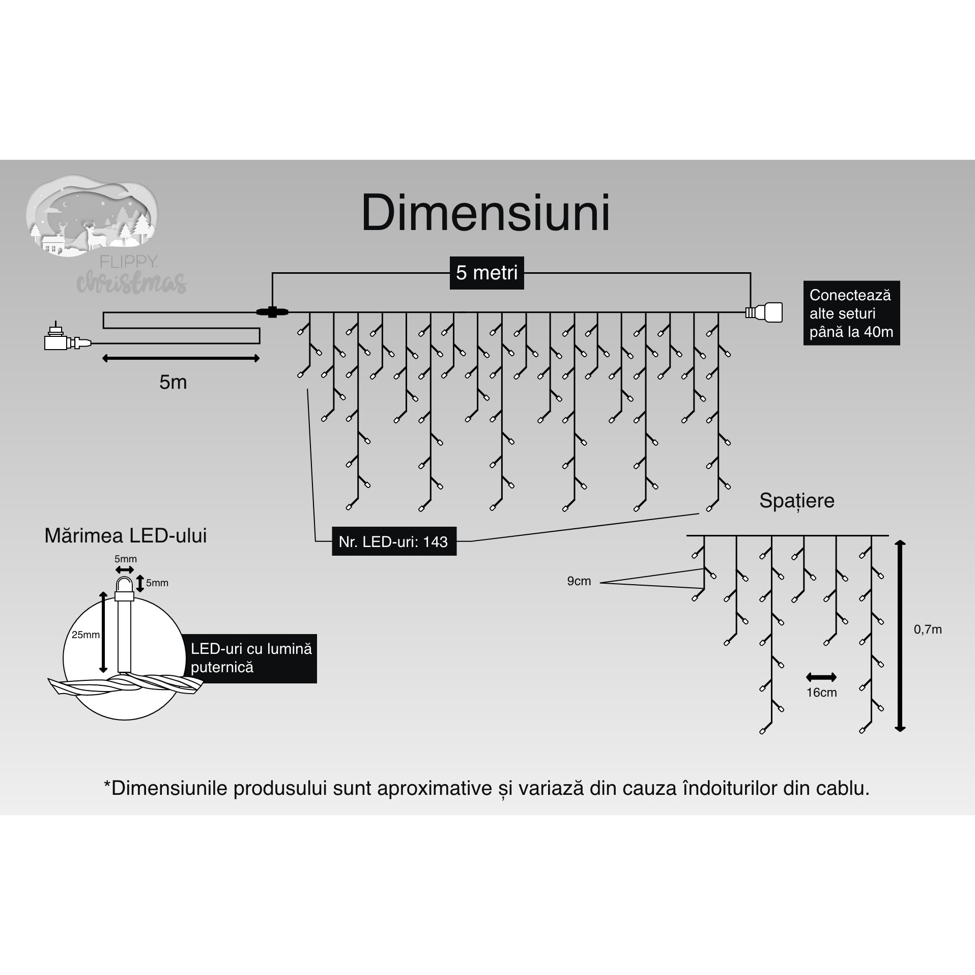 Instalatie Craciun, 5 m, 143 Led-uri ,Franjuri, Alb cald, Flash, Transformator cu telecomanda, Interconectabila, Prelungitor 5 m inclus, Fir Transparent, Flippy - Image 3