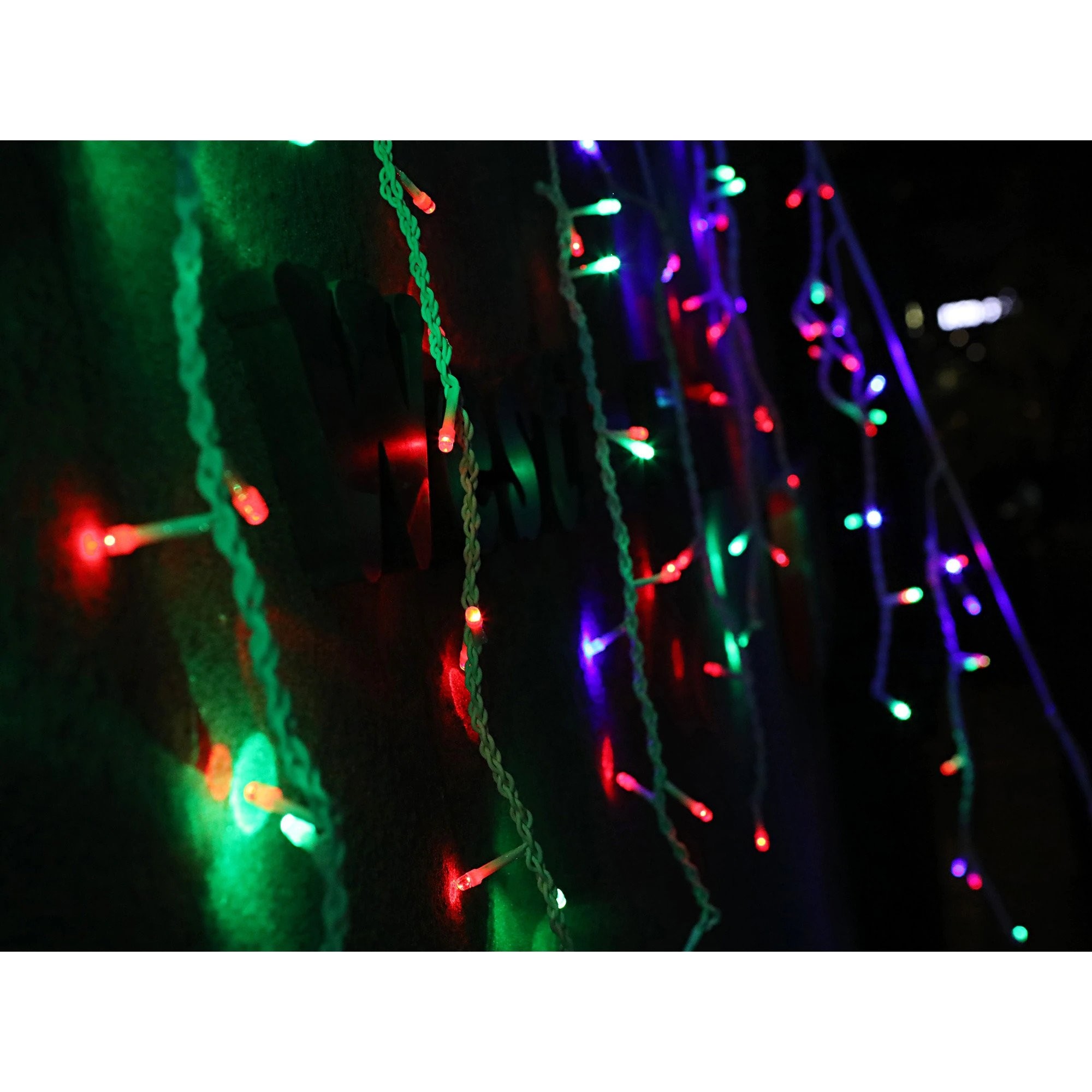 Instalatie Craciun, 5 m, 143 Led-uri ,Franjuri, Rosu / Verde/ Albastru, Flash, Transformator, Interconectabila, Prelungitor 3 m inclus, Fir Transparent, Flippy - Image 2