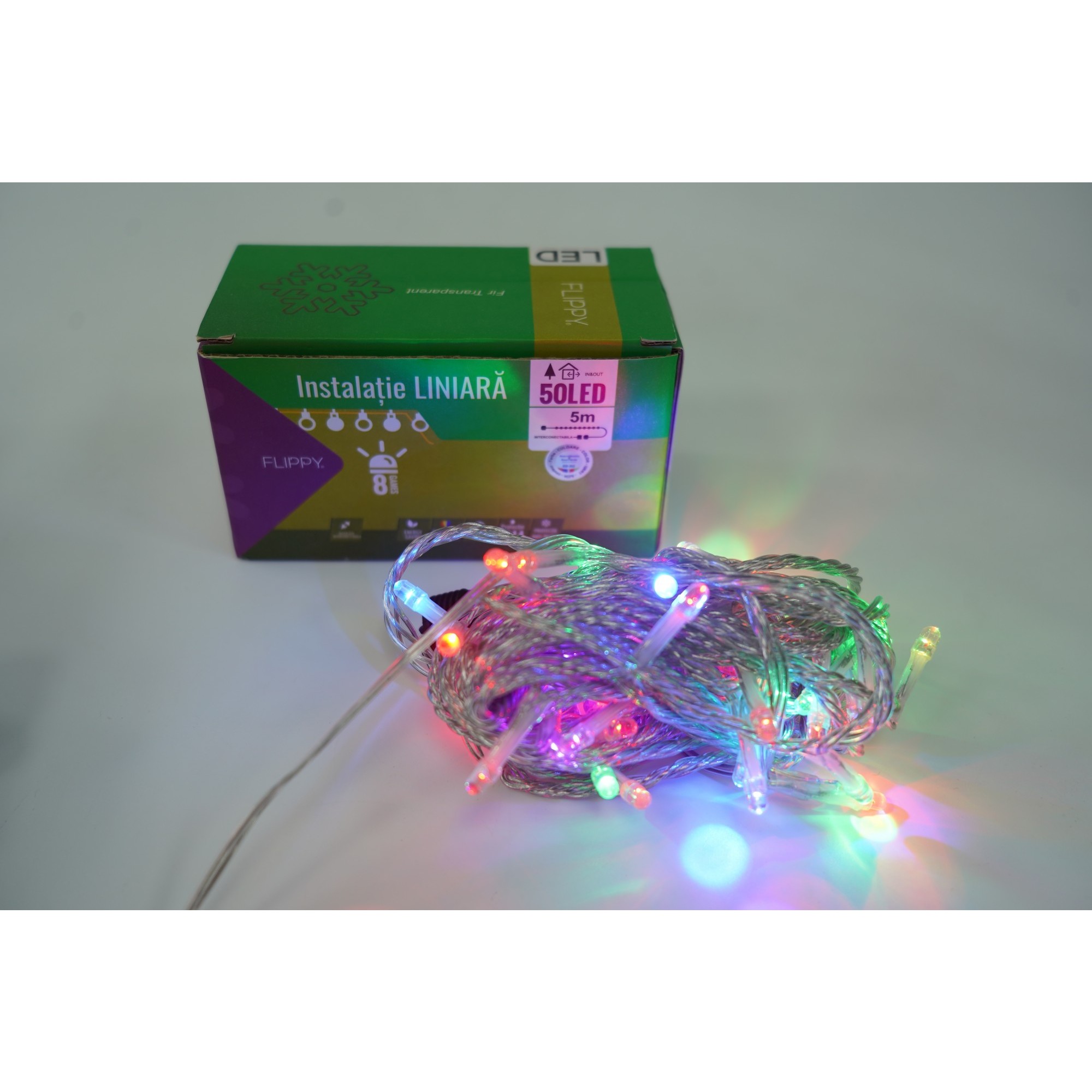 Instalatie Craciun, 5 m, 50 Led-uri ,Liniara, Rosu/Albastru/Rosu/Verde, Flash, Transformator, Interconectabila, Prelungitor 3 m inclus, Fir Verde, Flippy - Image 3