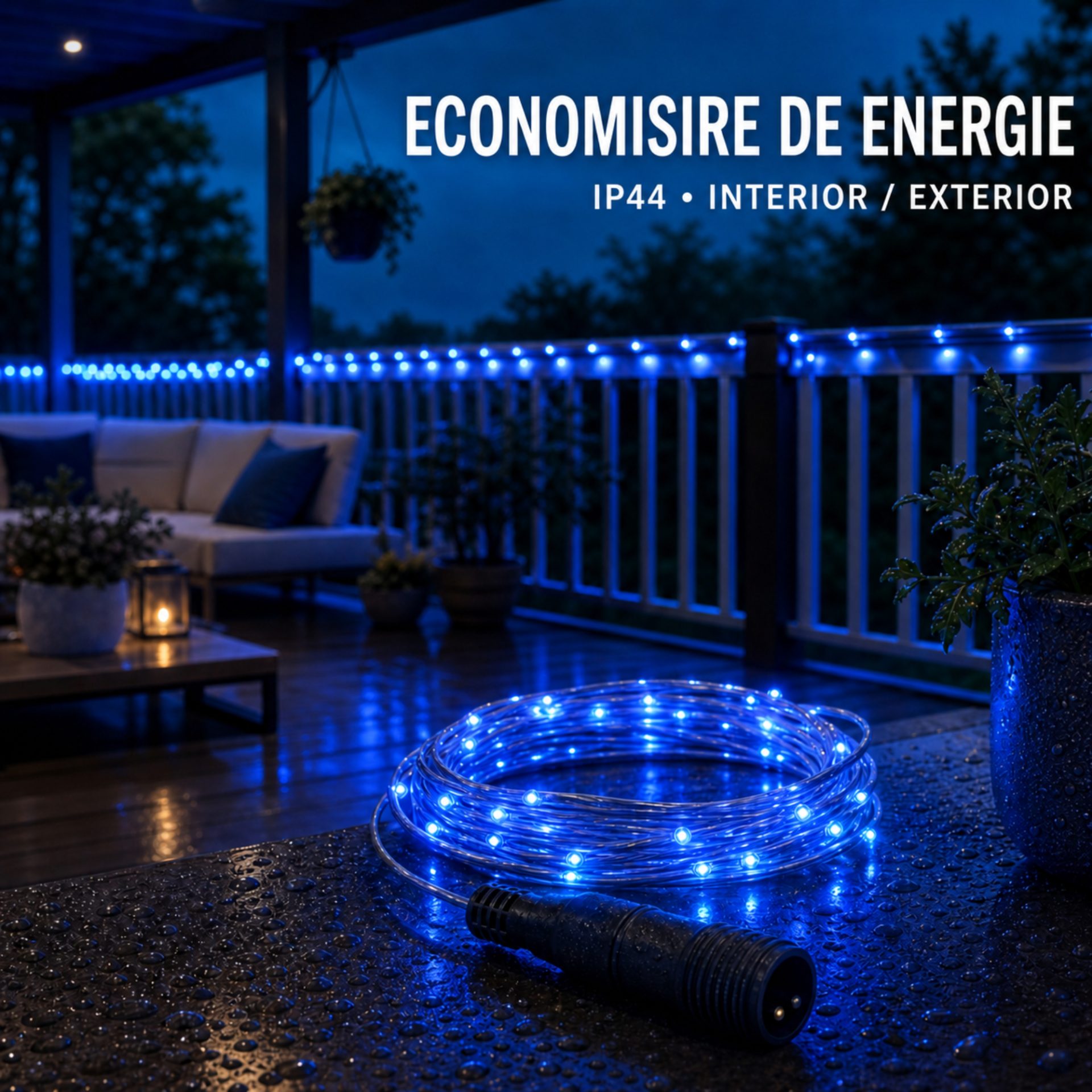 Instalatie Luminoasa de Craciun, Flippy, 50 m, 500 LED-uri, Lumina Albastra si Alb Cald, 8 Jocuri de Lumini, Interconectabila, cu Transformator, Prelungitor 3 m Inclus, Fir din Cupru - Image 6