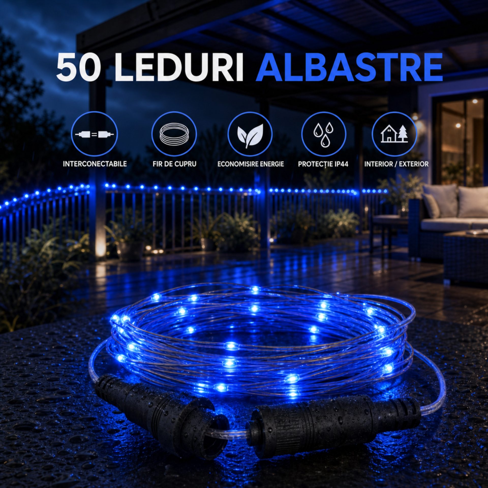 Instalatie Luminoasa de Craciun, Flippy, 50 m, 500 LED-uri, Lumina Albastra si Alb Cald, 8 Jocuri de Lumini, Interconectabila, cu Transformator, Prelungitor 3 m Inclus, Fir din Cupru - Image 7