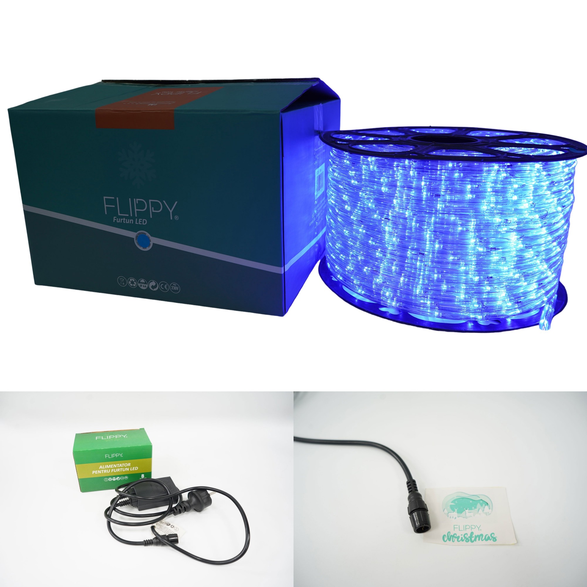 Instalatie Craciun, 8 m, 192 Led-uri, Furtun Luminos, Albastru, Transformator, 8 jocuri de lumini, Sectionabila, 220 V, Flippy - Image 6