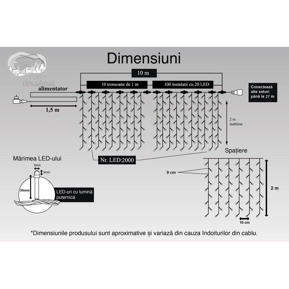 Instalatie Craciun Profesionala de Exterior IP65, Tip Perdea, 10m x 2m, 2000 Led-uri Mari, Alb rece, cu flash, Alimentator 1,5 m, Interconectabila, Fir negru, Flippy - Image 11