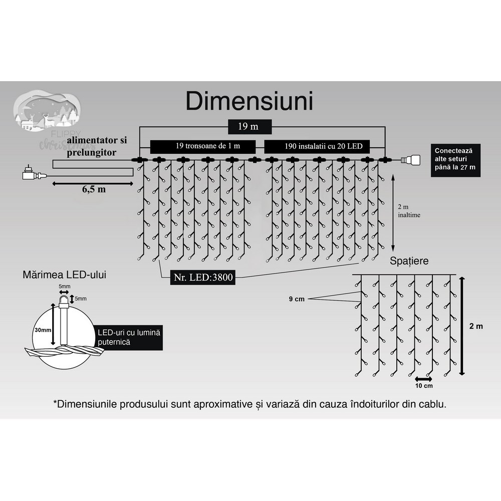 Instalatie Craciun Profesionala de Exterior IP65, Tip Perdea, 19m x 2m, 3800 Led-uri Mari, Alb rece, cu flash, Alimentator si prelungitor 6,5 m, Interconectabila, Fir negru, Flippy - Image 11