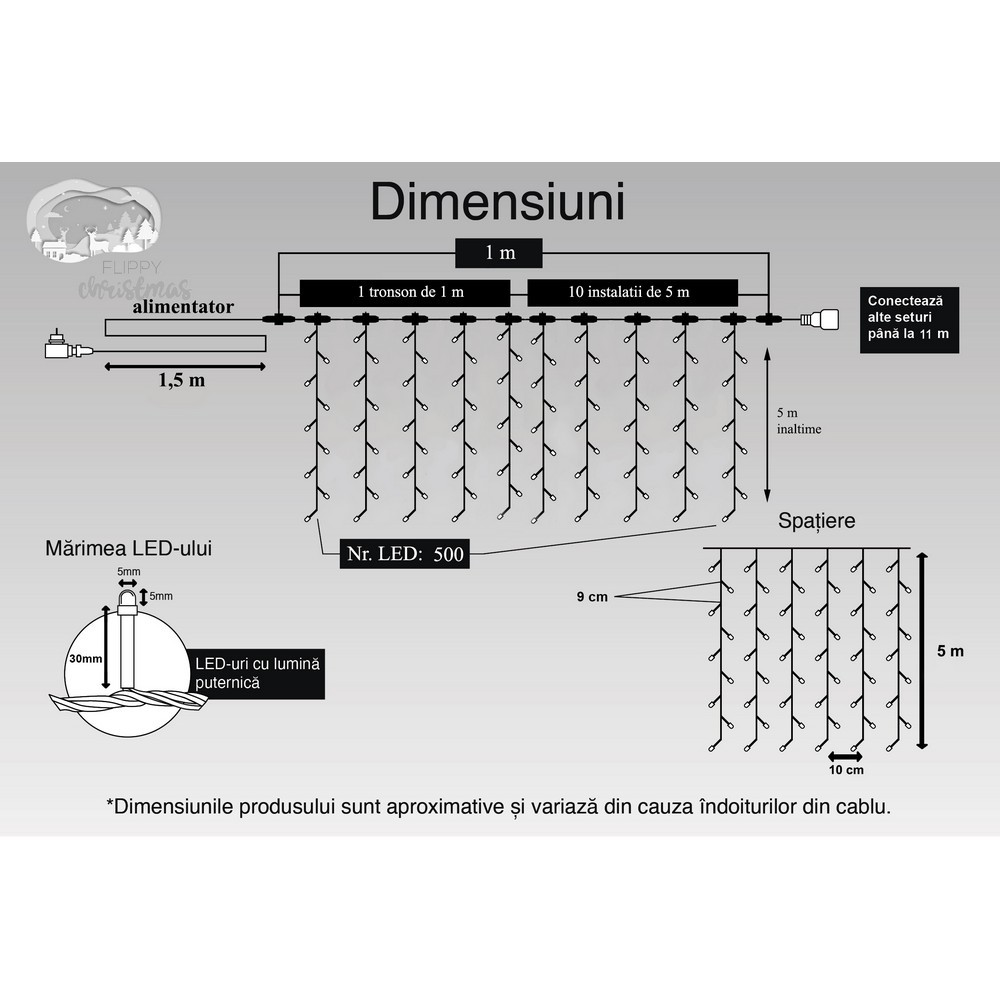Instalatie Craciun Profesionala de Exterior IP65, Tip Perdea, 1m x 5m, 500 Led-uri Mari, Alb rece, cu flash, Alimentator 1,5 m, Interconectabila, Fir negru, Flippy - Image 11