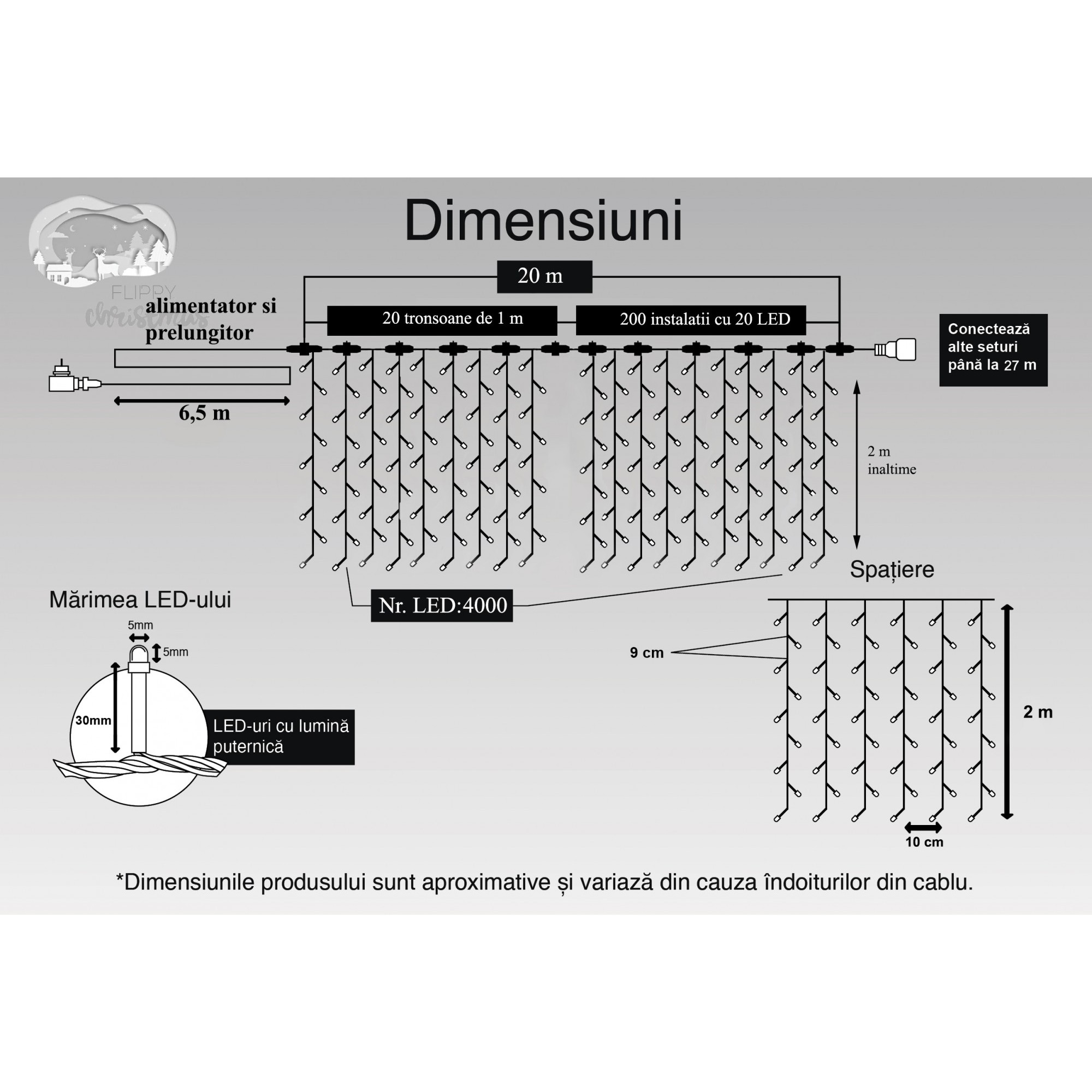 Instalatie Craciun Profesionala de Exterior IP65, Tip Perdea, 20m x 2m, 4000 Led-uri Mari, Alb rece, cu flash, Alimentator si prelungitor 6,5 m, Interconectabila, Fir negru, Flippy - Image 6