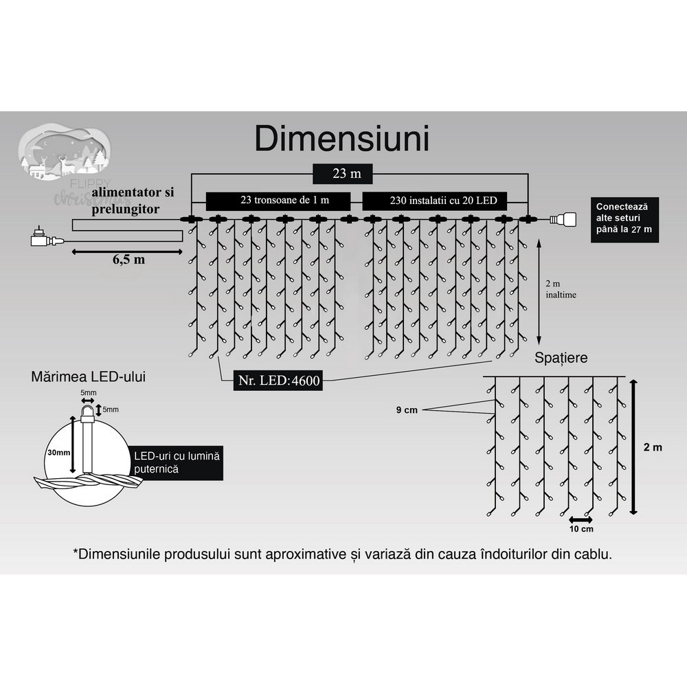 Instalatie Craciun Profesionala de Exterior IP65, Tip Perdea, 23m x 2m, 4600 Led-uri Mari, Alb rece, cu flash, Alimentator si prelungitor 6,5 m, Interconectabila, Fir negru, Flippy - Image 11