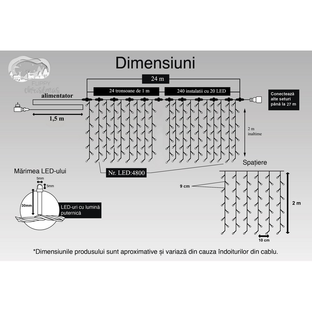 Instalatie Craciun Profesionala de Exterior IP65, Tip Perdea, 24m x 2m, 4800 Led-uri Mari, Alb rece, cu flash, Alimentator 1,5 m, Interconectabila, Fir negru, Flippy - Image 11
