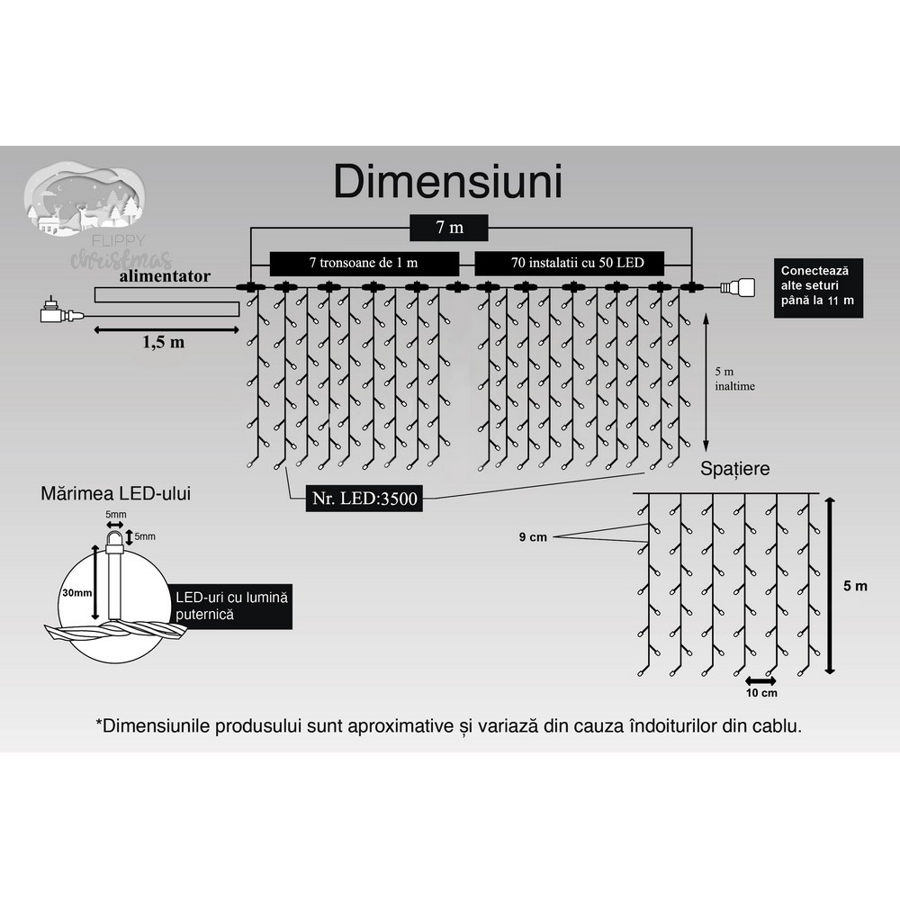 Instalatie Craciun Profesionala de Exterior IP65, Tip Perdea, 7m x 5m, 3500 Led-uri Mari, Alb rece, cu flash, Alimentator 1,5 m, Interconectabila, Fir negru, Flippy - Image 11