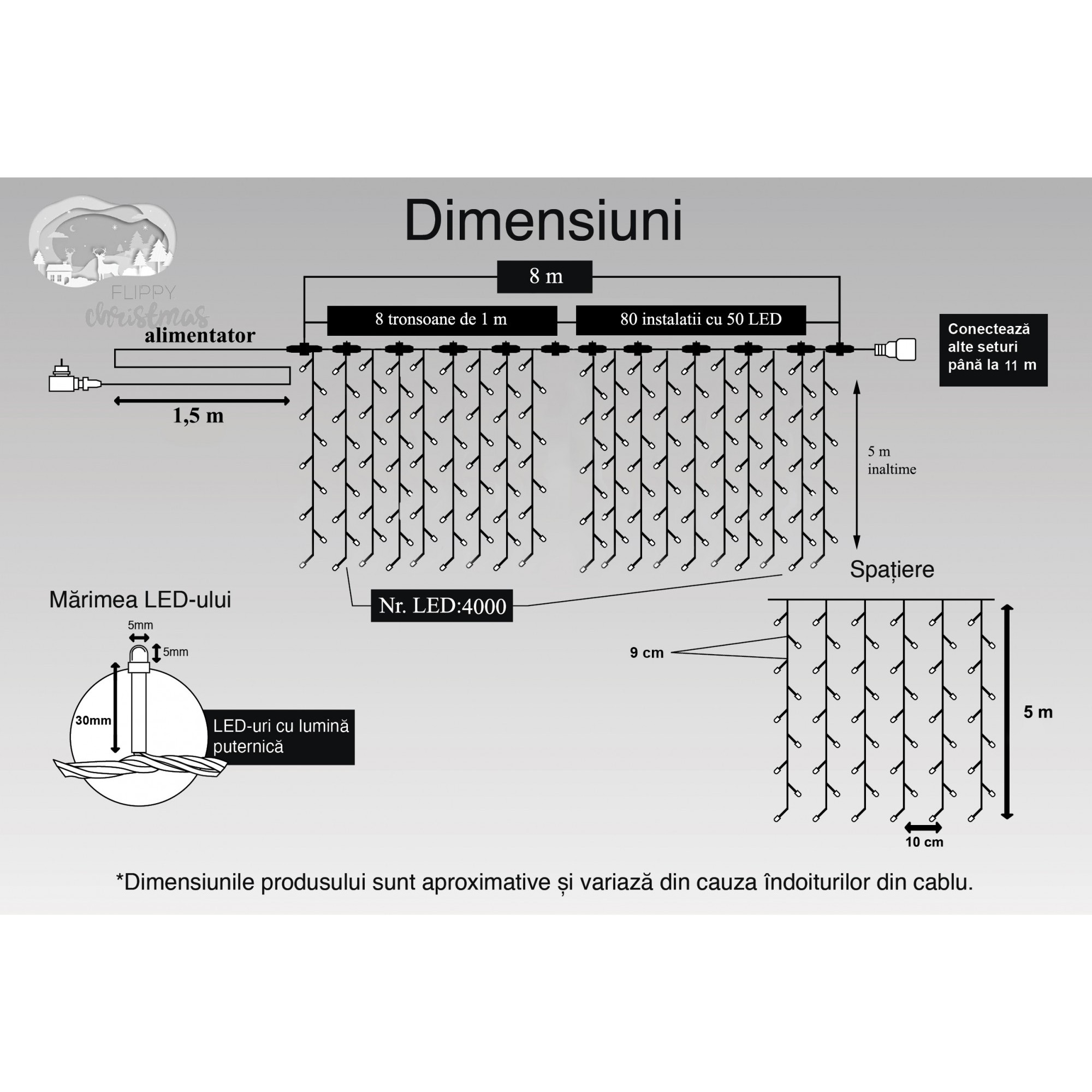 Instalatie Craciun Profesionala de Exterior IP65, Tip Perdea, 8m x 5m, 4000 Led-uri Mari, Alb rece, cu flash, Alimentator 1,5 m, Interconectabila, Fir negru, Flippy - Image 6