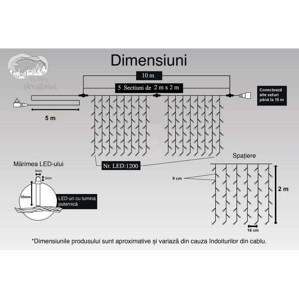 Instalatie Craciun, Tip Perdea, IP44, 10 m x 2 m, 1200 LED-uri, Alb rece, cu flash, Transformator, Interconectabila, Prelungitor 5 m inclus, Fir transparent, Interior/ Exterior, Flippy - Image 11