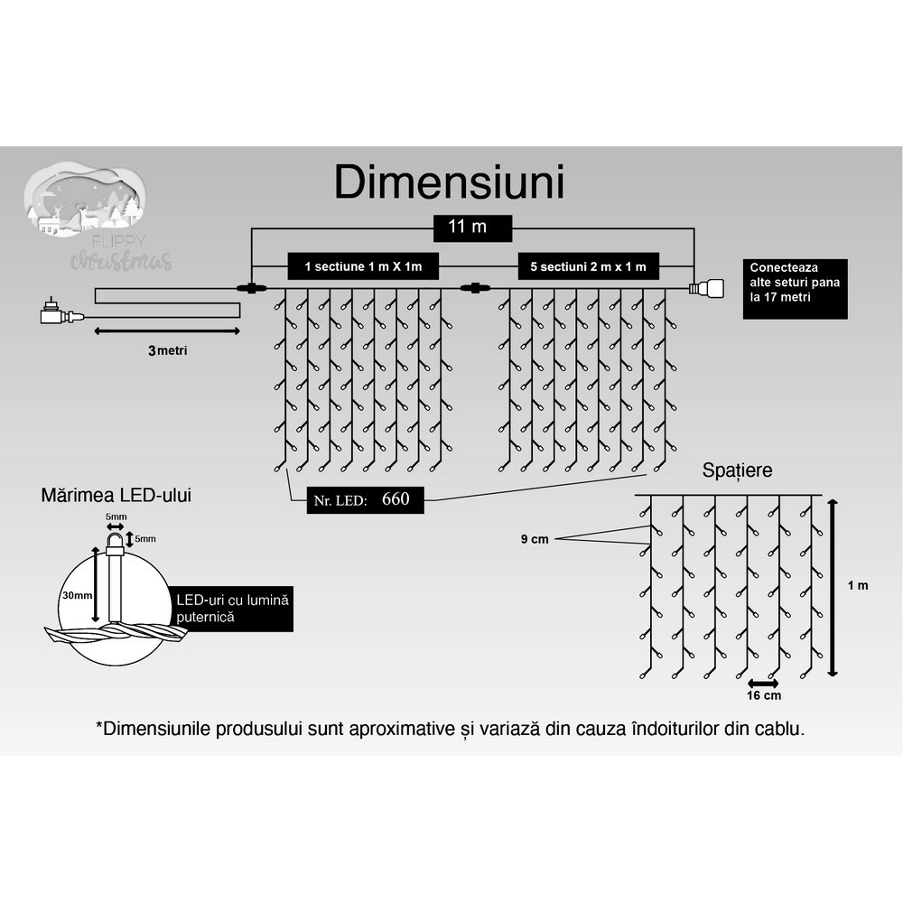 Instalatie Craciun, Tip Perdea, IP44, 11 m x 1 m, 660 LED-uri, Alb rece, cu flash, Transformator cu telecomanda, Interconectabila, Prelungitor 3 m inclus, Fir transparent, Interior/ Exterior, Flippy - Image 11