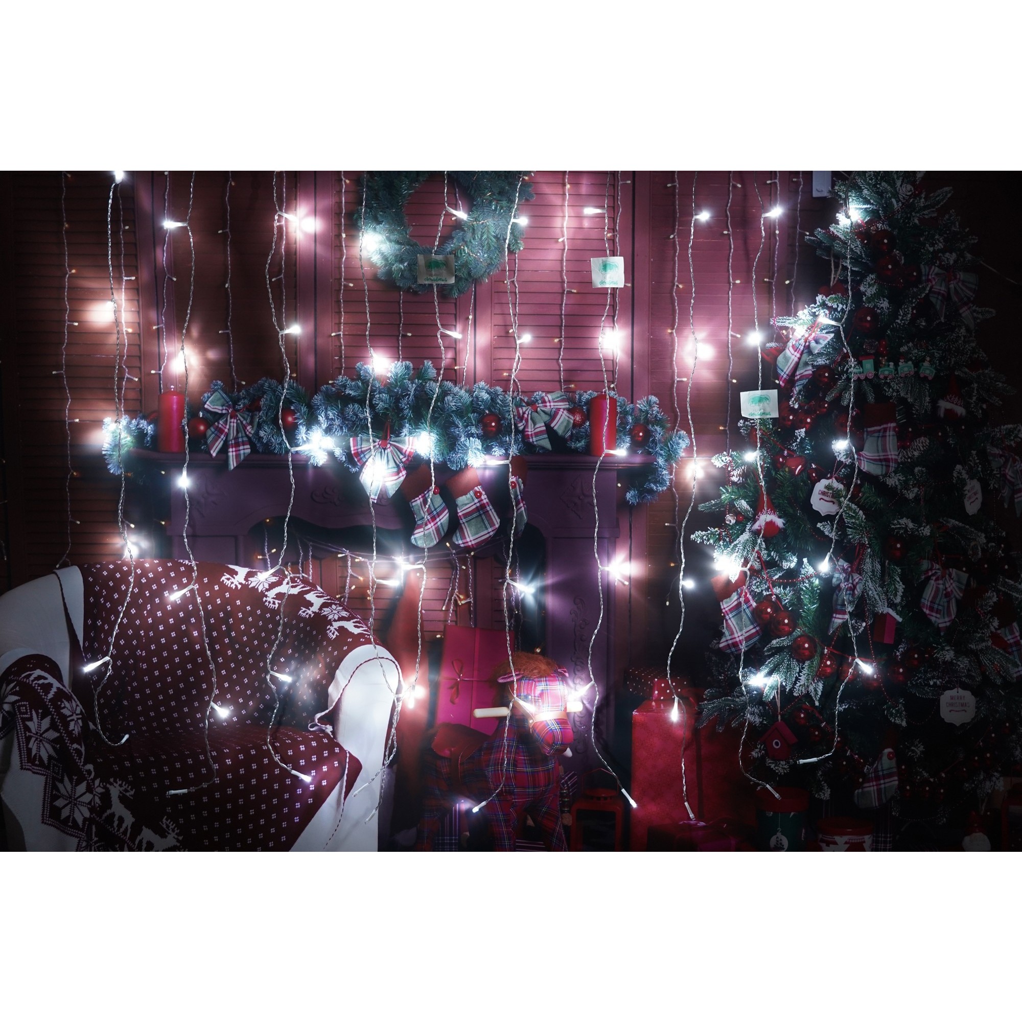 Instalatie Craciun, Tip Perdea, IP44, 14 m x 1 m, 840 LED-uri, Alb rece, cu flash, Transformator cu telecomanda, Interconectabila, Prelungitor 3 m inclus, Fir transparent, Interior/ Exterior, Flippy - Image 5