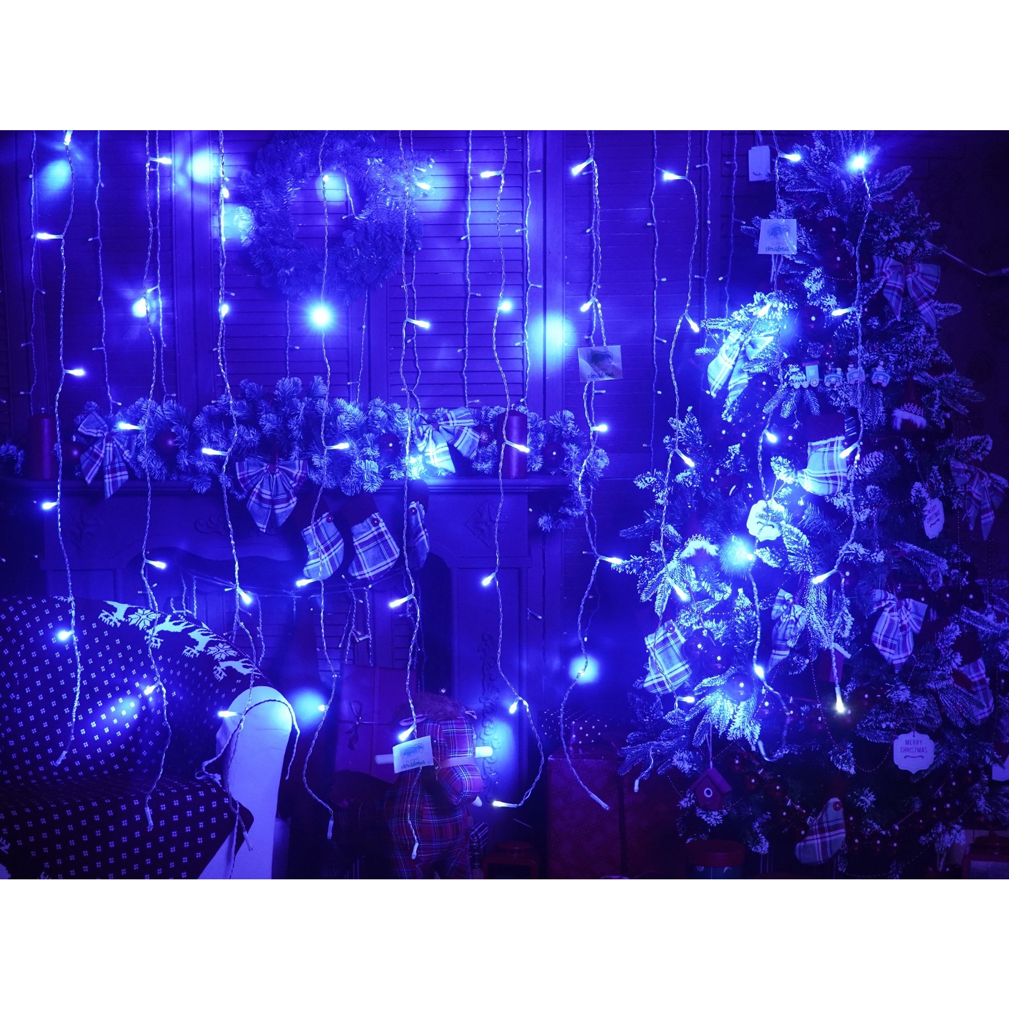 Instalatie Craciun, Tip Perdea, IP44, 14 m x 1 m, 840 LED-uri, Albastru, cu flash, Transformator cu telecomanda, Interconectabila, Prelungitor 5 m inclus, Fir transparent, Interior/ Exterior, Flippy - Image 2