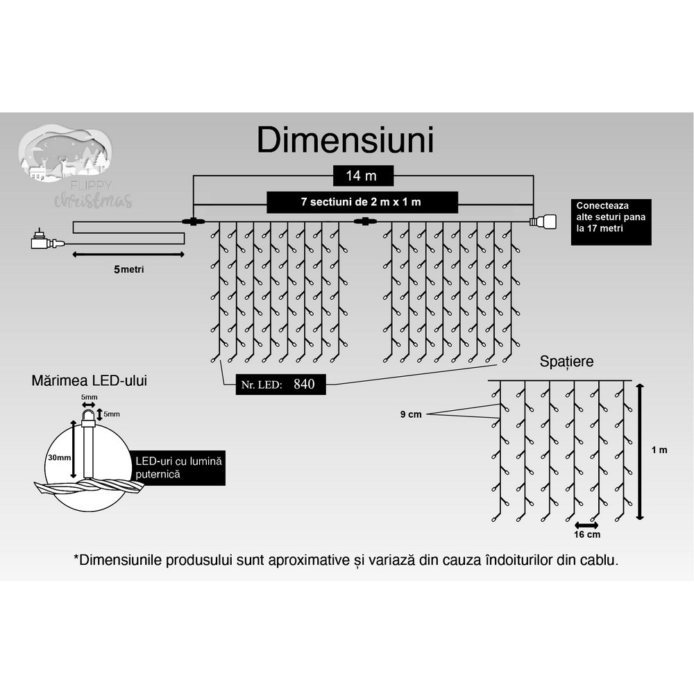 Instalatie Craciun, Tip Perdea, IP44, 14 m x 1 m, 840 LED-uri, Albastru, cu flash, Transformator cu telecomanda, Interconectabila, Prelungitor 5 m inclus, Fir transparent, Interior/ Exterior, Flippy - Image 11