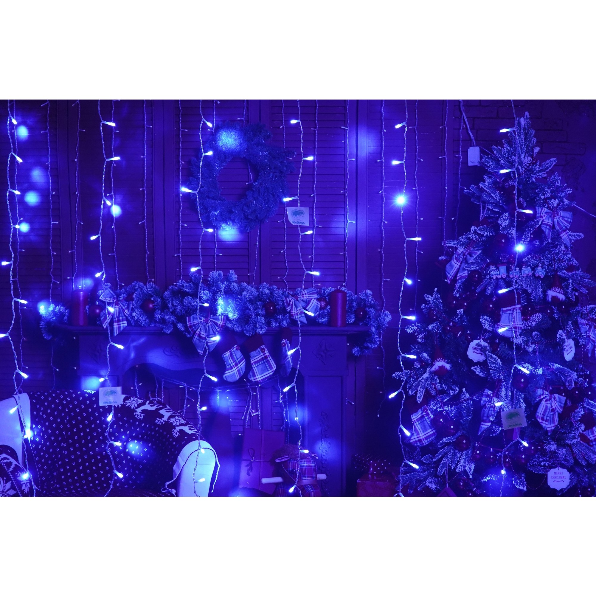 Instalatie Craciun, Tip Perdea, IP44, 4 m x 1 m, 240 LED-uri, Albastru, 8 jocuri de lumini, Transformator, Interconectabila, Prelungitor 5 m inclus, Fir transparent, Interior/ Exterior, Flippy - Image 2