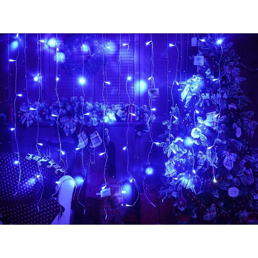 Instalatie Craciun, Tip Perdea, IP44, 5 m x 1 m, 300 LED-uri, Albastru, cu flash, Transformator cu telecomanda, Interconectabila, Prelungitor 5 m inclus, Fir transparent, Interior/ Exterior, Flippy - Image 7