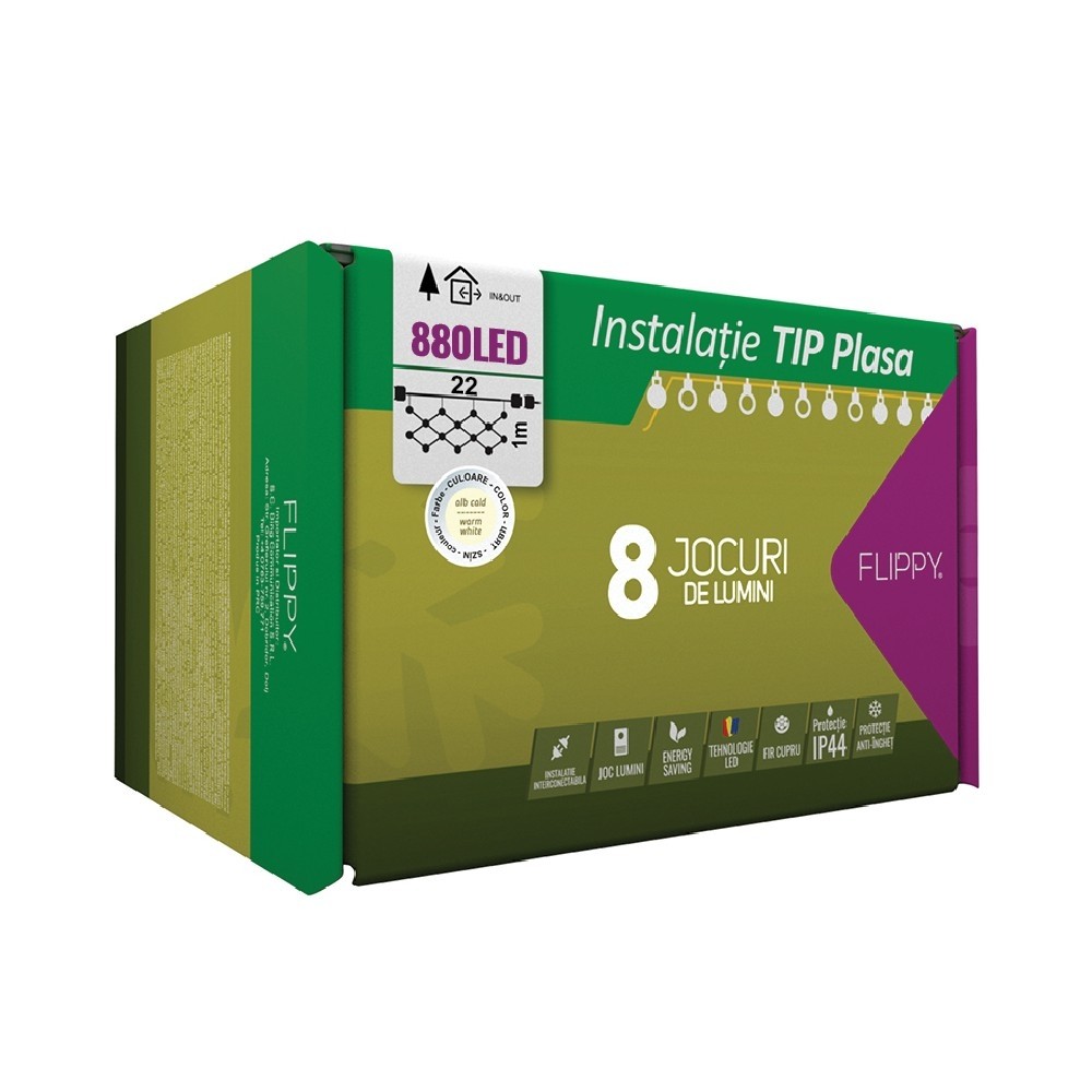Instalatie Craciun, Tip Plasa, IP 44, 22 x 1 m, 880 LED-uri, Alb cald, 8 jocuri de lumini, Transformator cu telecomanda, Interconectabila, Prelungitor 3 m inclus, Fir transparent, Flippy - Image 5