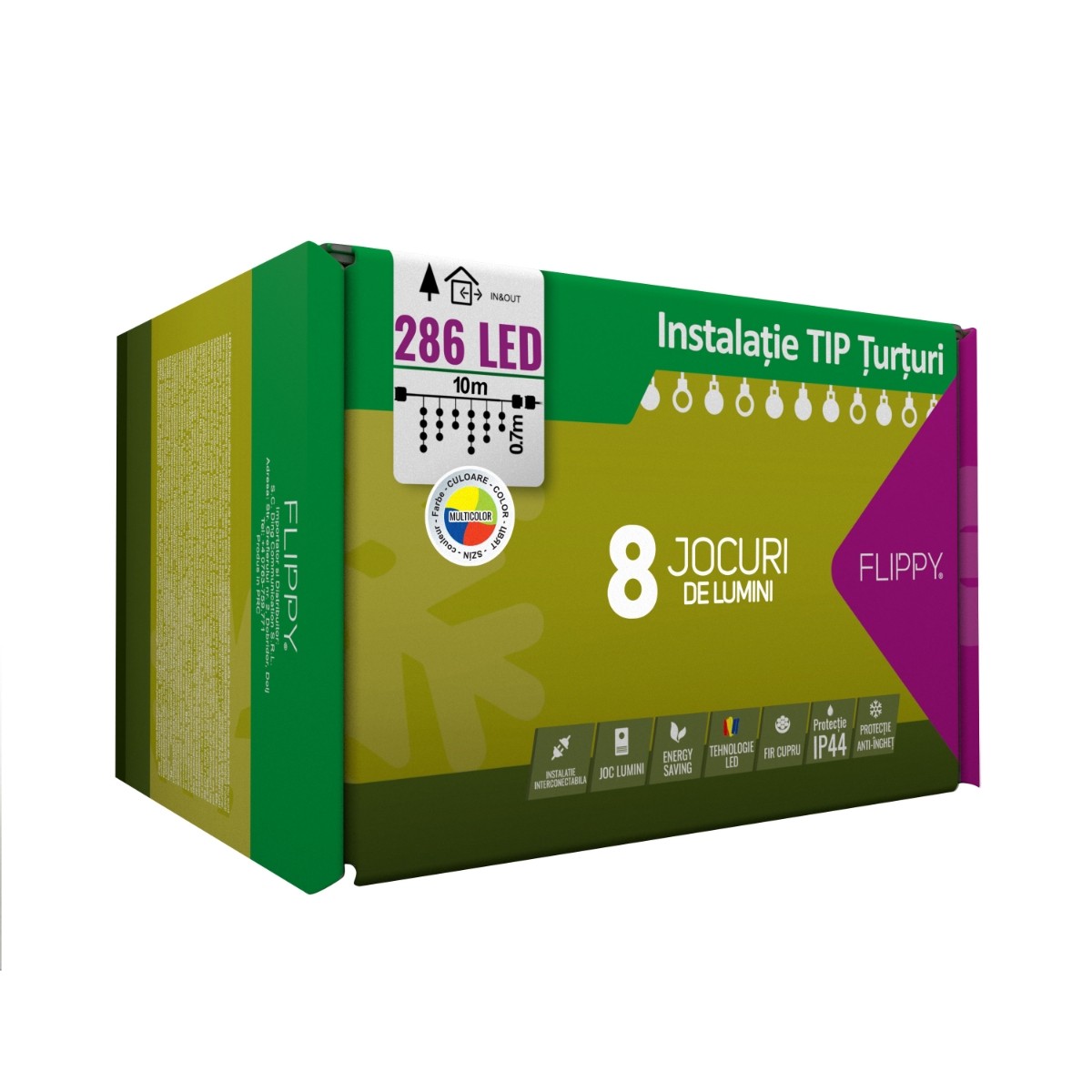 Instalatie Craciun Turturi, IP44, 10 m, 286 Led-uri ,Perdea Franjurata, Multicolor, 8 jocuri de lumini, Transformator 31 V, Putere 9 W, Interconectabila, Interior/Exterior, Prelungitor 3 m inclus, Fir Negru, Flippy
