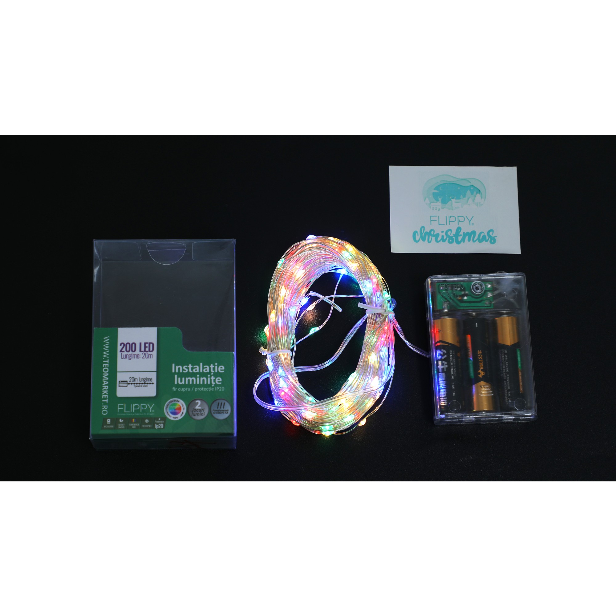 Instalatie de Craciun, Liniara, 20 m, Baterii, 200 LED-uri, Multicolor, 2 Jocuri de Lumini, Fir Cupru, Interior/Exterior, Flippy - Image 9