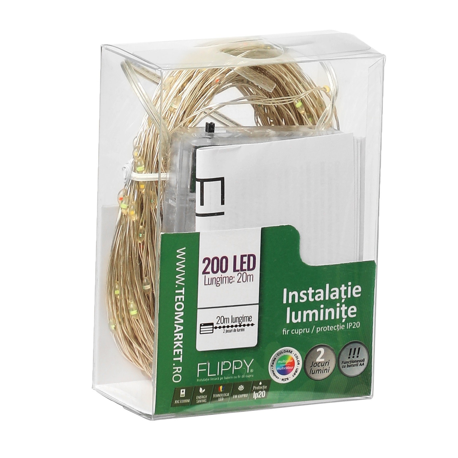 Instalatie de Craciun, Liniara, 20 m, Baterii, 200 LED-uri, Multicolor, 2 Jocuri de Lumini, Fir Cupru, Interior/Exterior, Flippy - Image 6