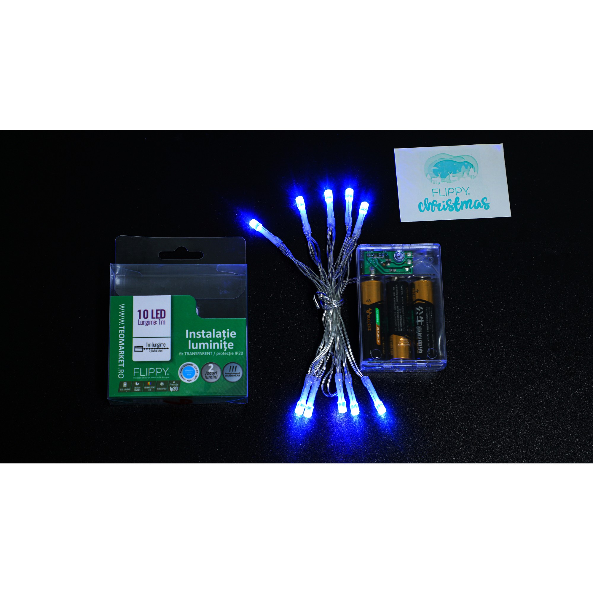 Instalatie de Craciun cu Baterii Tip Liniar, 2 jocuri de lumini, Fir transparent 1 m 10 LED -uri, Albastru - Image 4