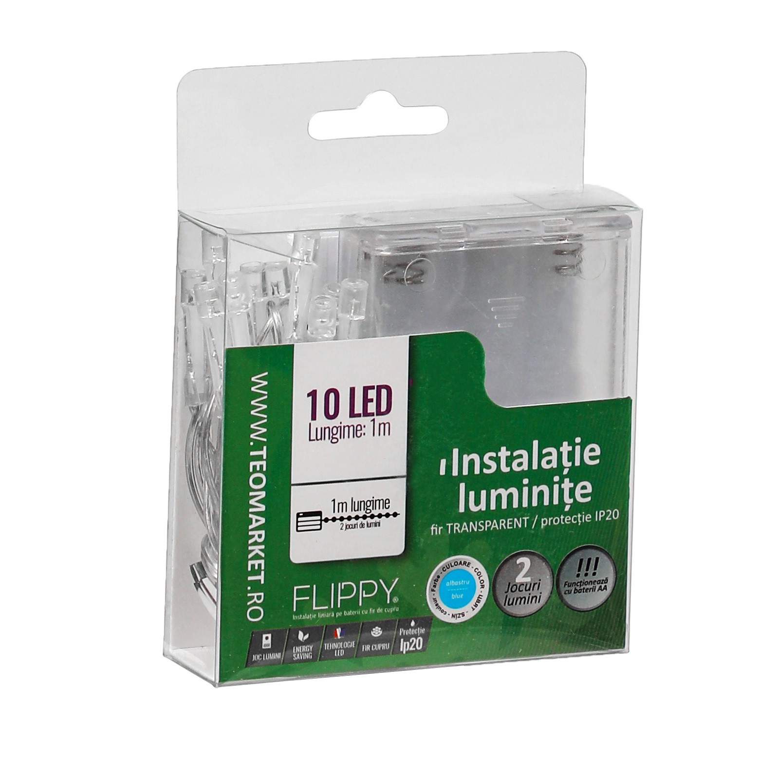 Instalatie de Craciun cu Baterii Tip Liniar, 2 jocuri de lumini, Fir transparent 1 m 10 LED -uri, Albastru - Image 7