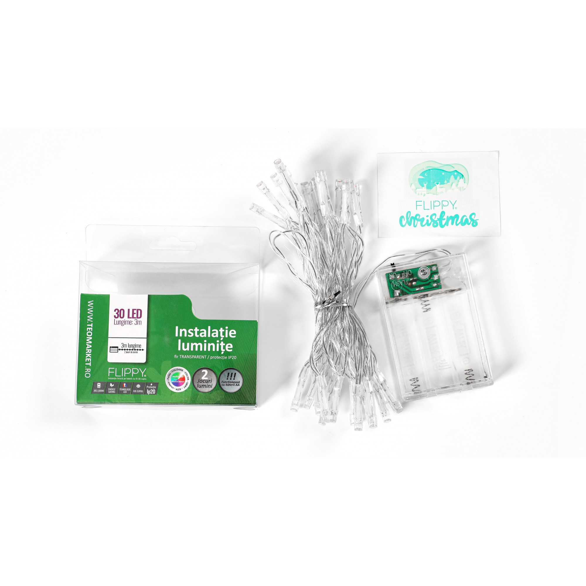 Instalatie de Craciun cu Baterii Tip Liniar, 2 jocuri de lumini, Fir Transparent 3 m 30 LED -uri, Multicolor - Image 6