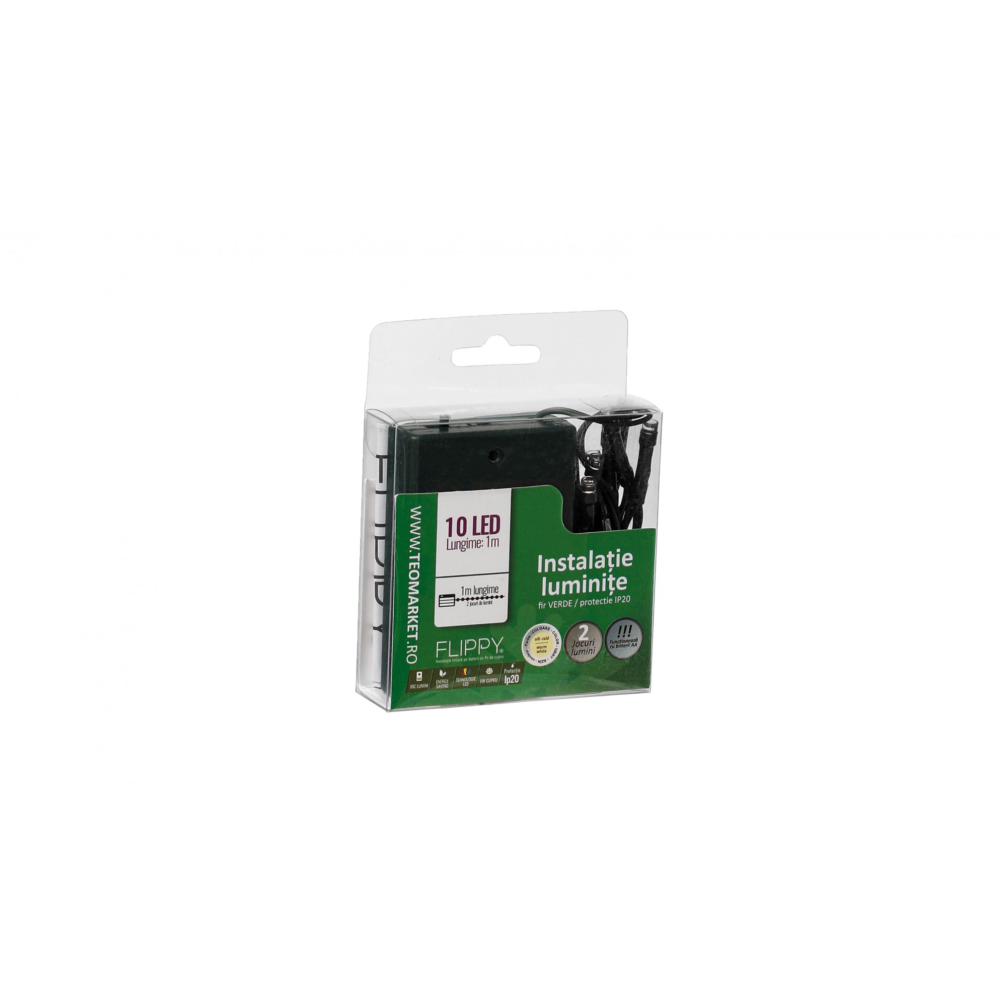 Instalatie de Craciun cu Baterii Tip Liniar, 2 jocuri de lumini, Fir Verde 1 m 10 LED -uri, Alb Cald - Image 4