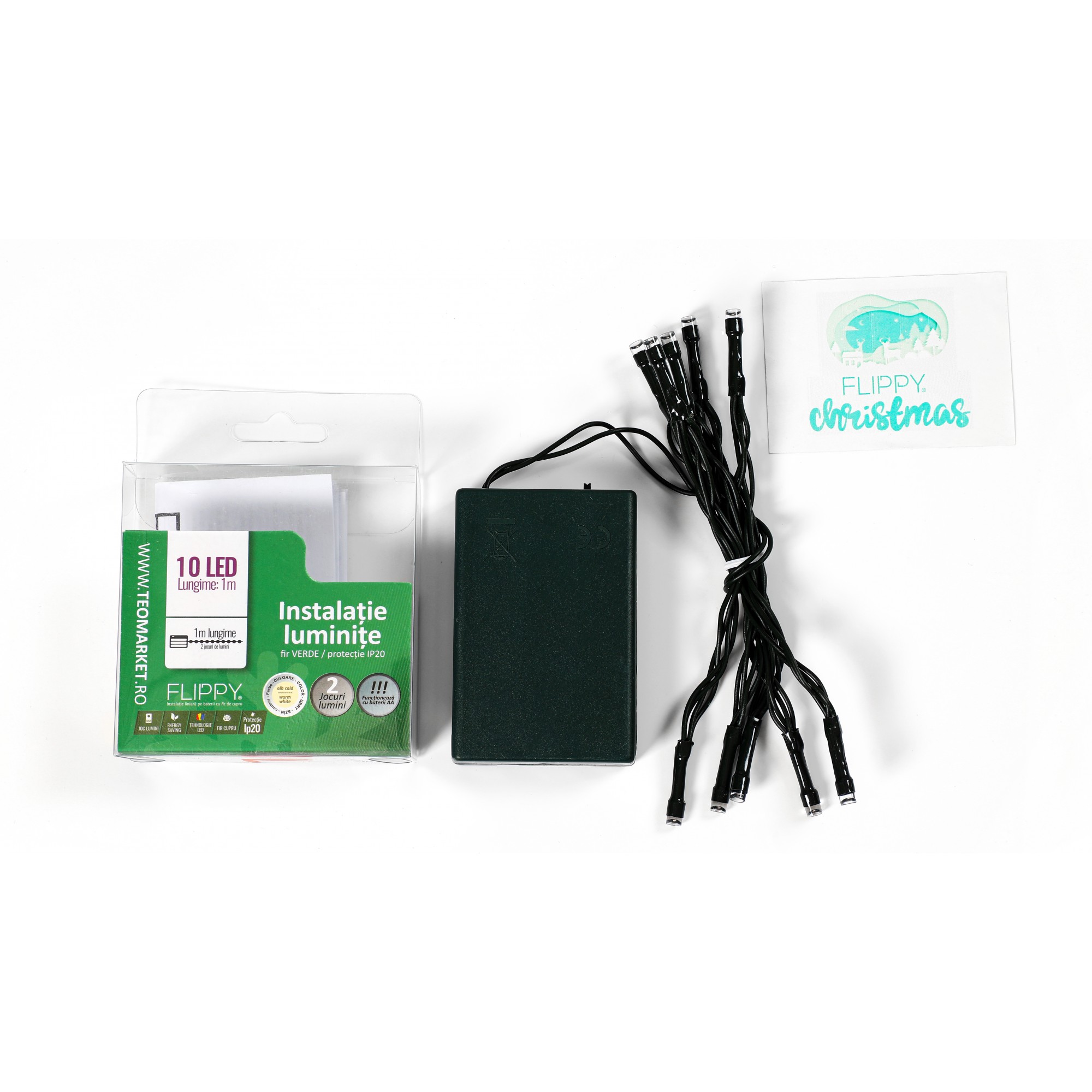 Instalatie de Craciun cu Baterii Tip Liniar, 2 jocuri de lumini, Fir Verde 1 m 10 LED -uri, Alb Cald - Image 5