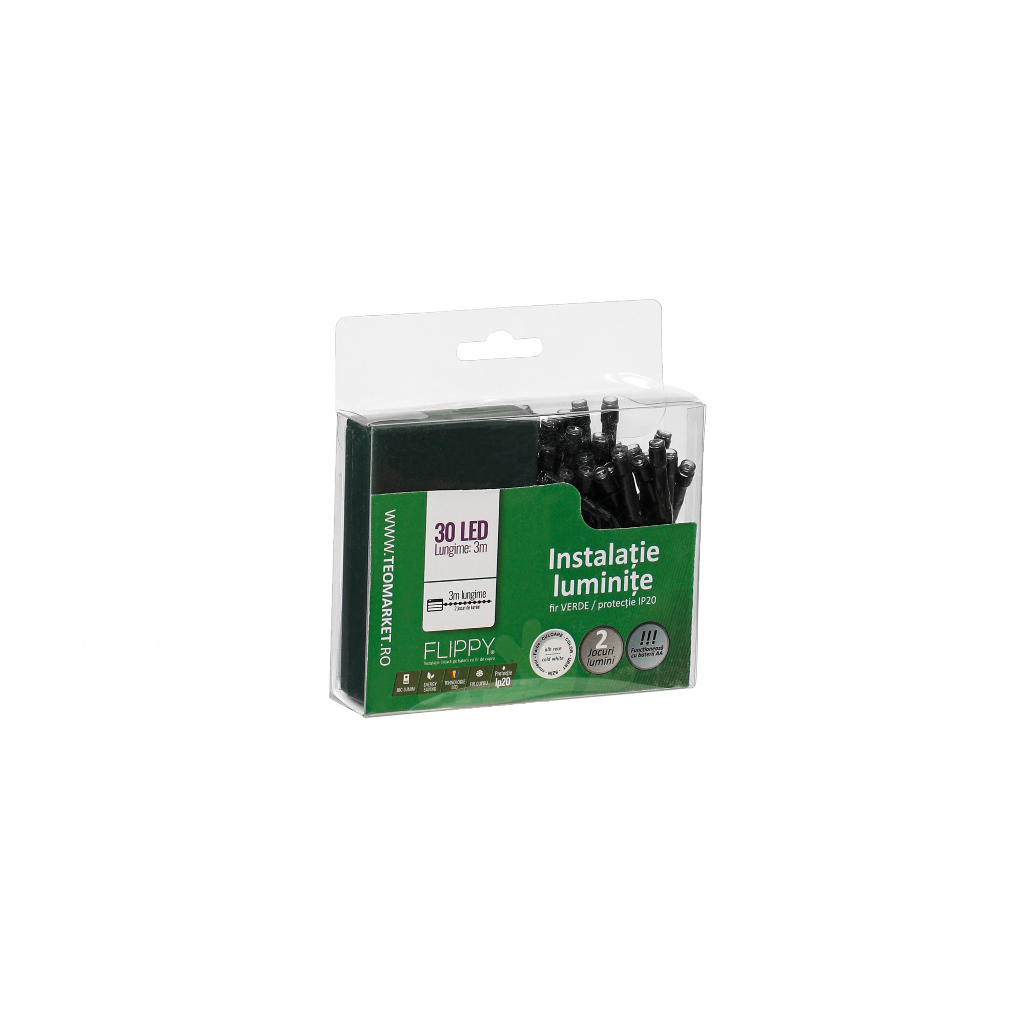 Instalatie de Craciun cu Baterii Tip Liniar, 2 jocuri de lumini, Fir Verde 3 m 30 LED -uri, Alb Rece - Image 4